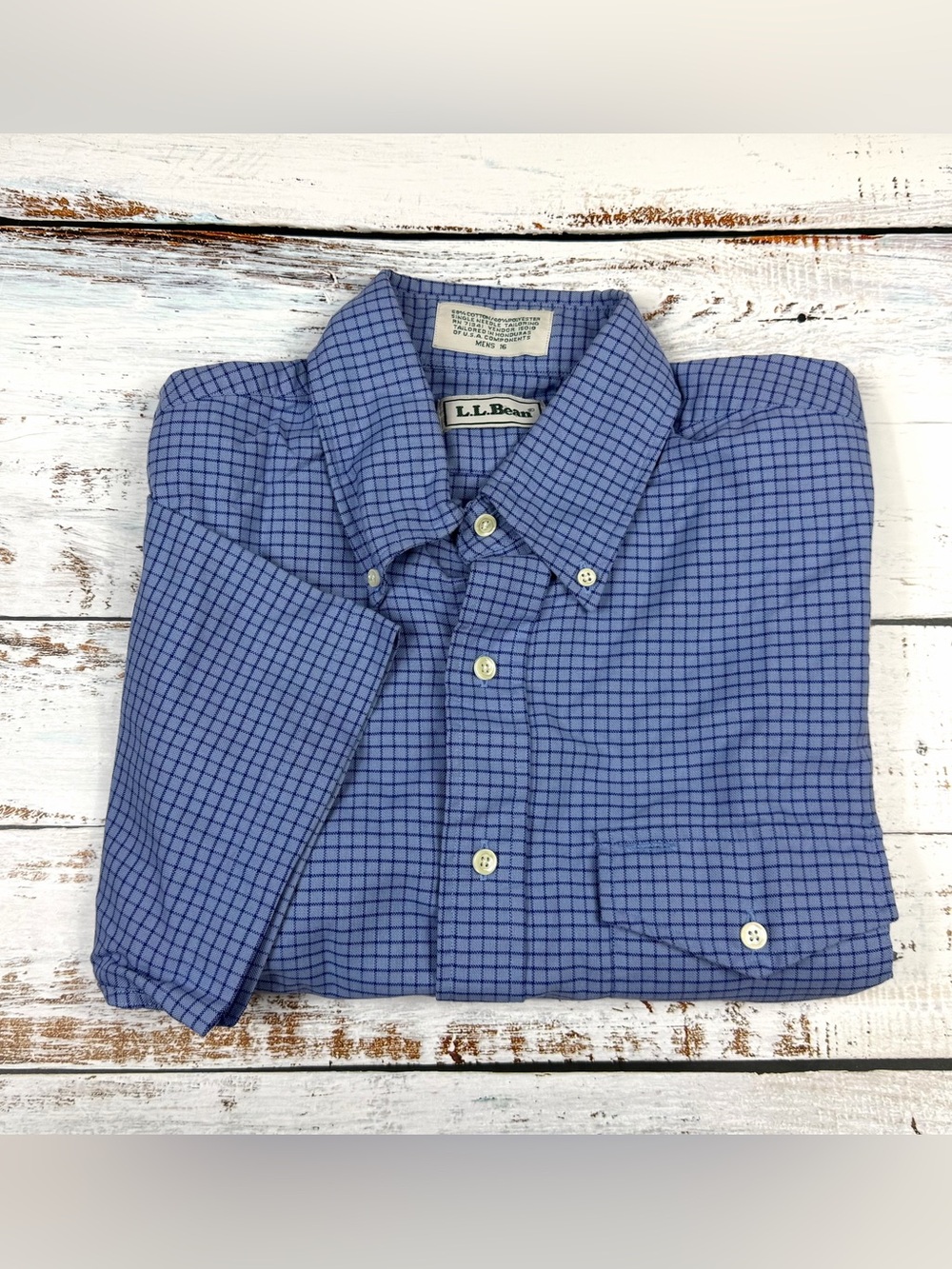 L.L. Bean Blue Micro-Check Short Sleeve Button-Down Shirt Size 16